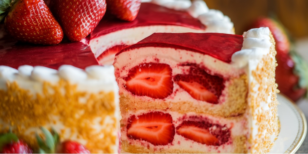 Freshly baked strawberry cake with strawberry filling topped with fresh strawberries