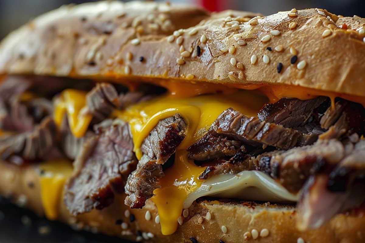 Philly cheesesteak with steak, cheese, and a crusty seeded roll.