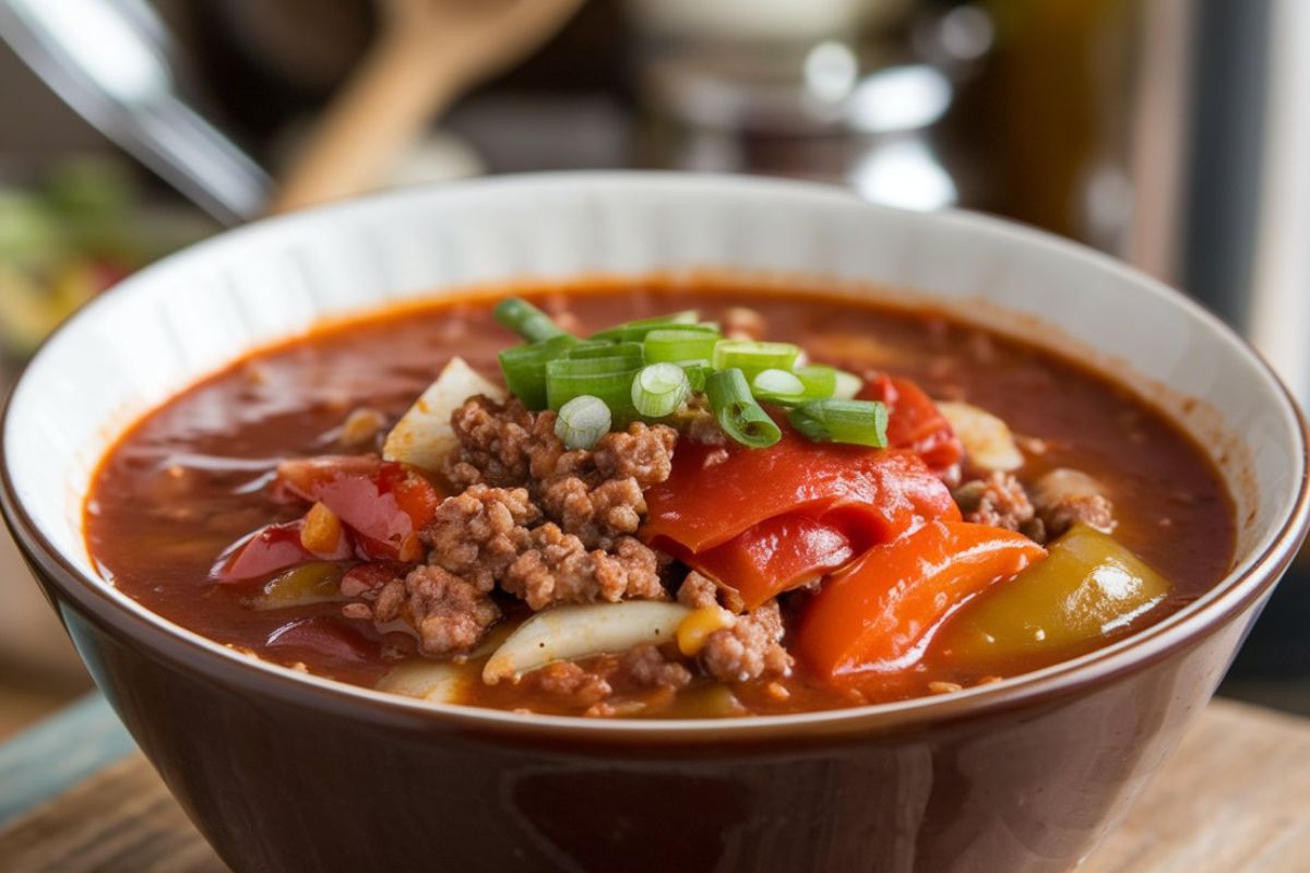 Hearty crockpot stuffed pepper soup with ground beef, bell peppers, and rice in a bowl, garnished with herbs.