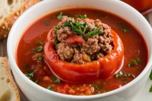 Crockpot stuffed pepper soup with bell peppers, ground beef, and rice served in a bowl.