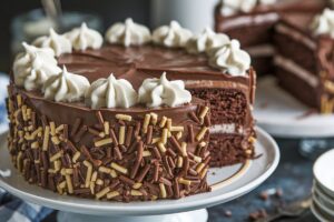 Moist homemade-looking chocolate cake slice with glossy frosting