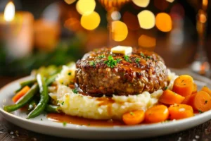 Crispy Banquet Salisbury Steak cooked in an air fryer with mashed potatoes and steamed vegetables.