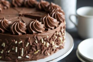 Moist homemade-looking chocolate cake slice with glossy frosting