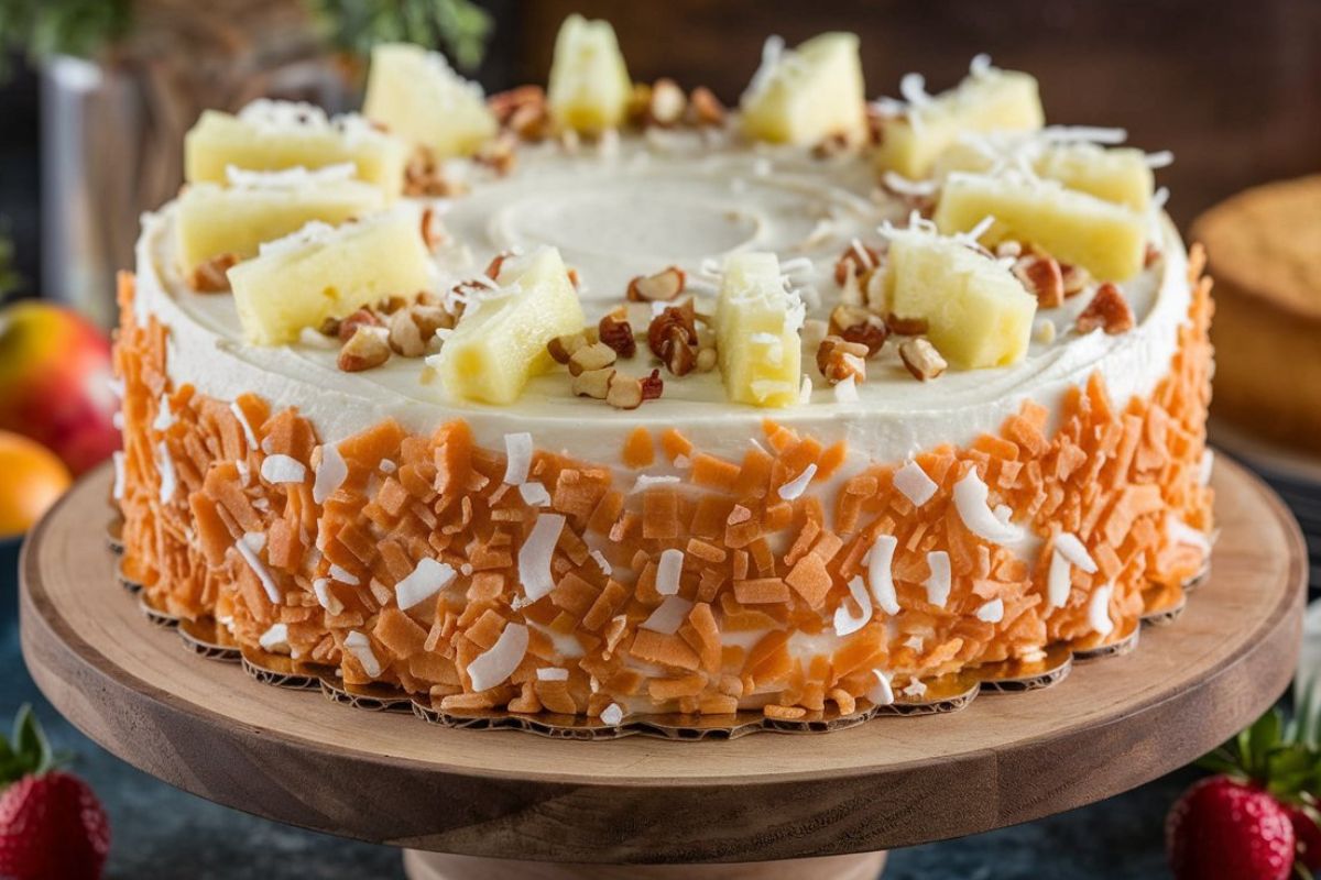 Carrot cake with pineapple and coconut topped with cream cheese frosting