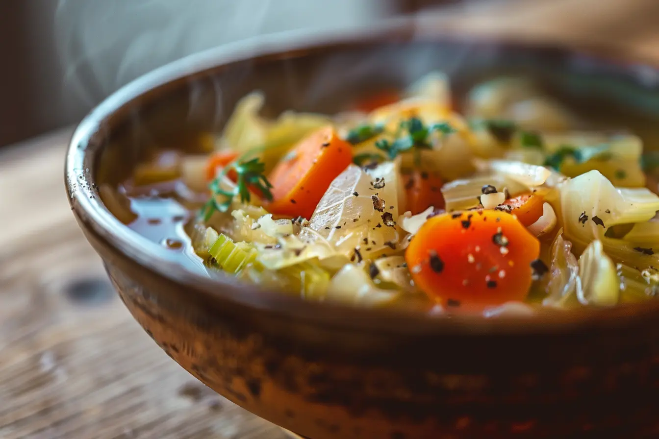 Hearty cabbage soup with vegetables in a bowl, garnished with herbs.