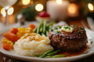 Crispy Banquet Salisbury Steak cooked in an air fryer with mashed potatoes and steamed vegetables.