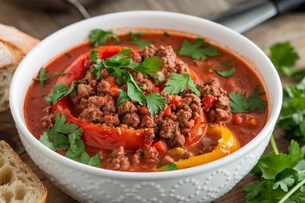 Crockpot stuffed pepper soup with bell peppers, ground beef, and rice served in a bowl.