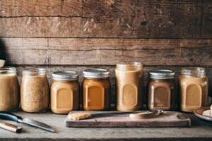 Variety of healthiest peanut butter brands including natural and organic options placed on a kitchen counter.