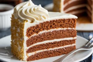 Moist slice of cake with buttercream frosting and a soft texture from added ingredients like sour cream and extra eggs.