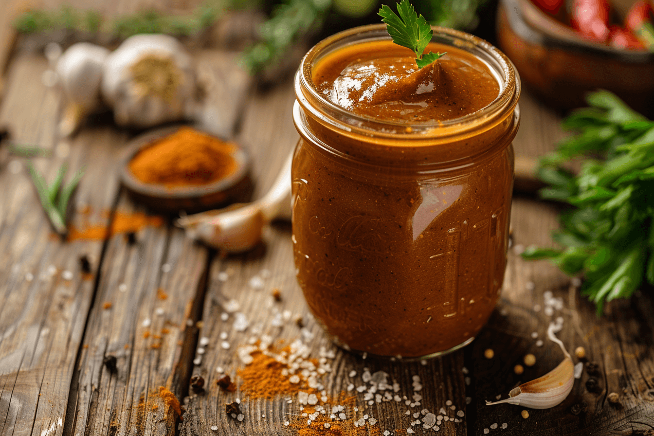 Homemade Taco Bell chipotle sauce in a mason jar with ingredients like adobo peppers, garlic powder, and buttermilk powder displayed around it.