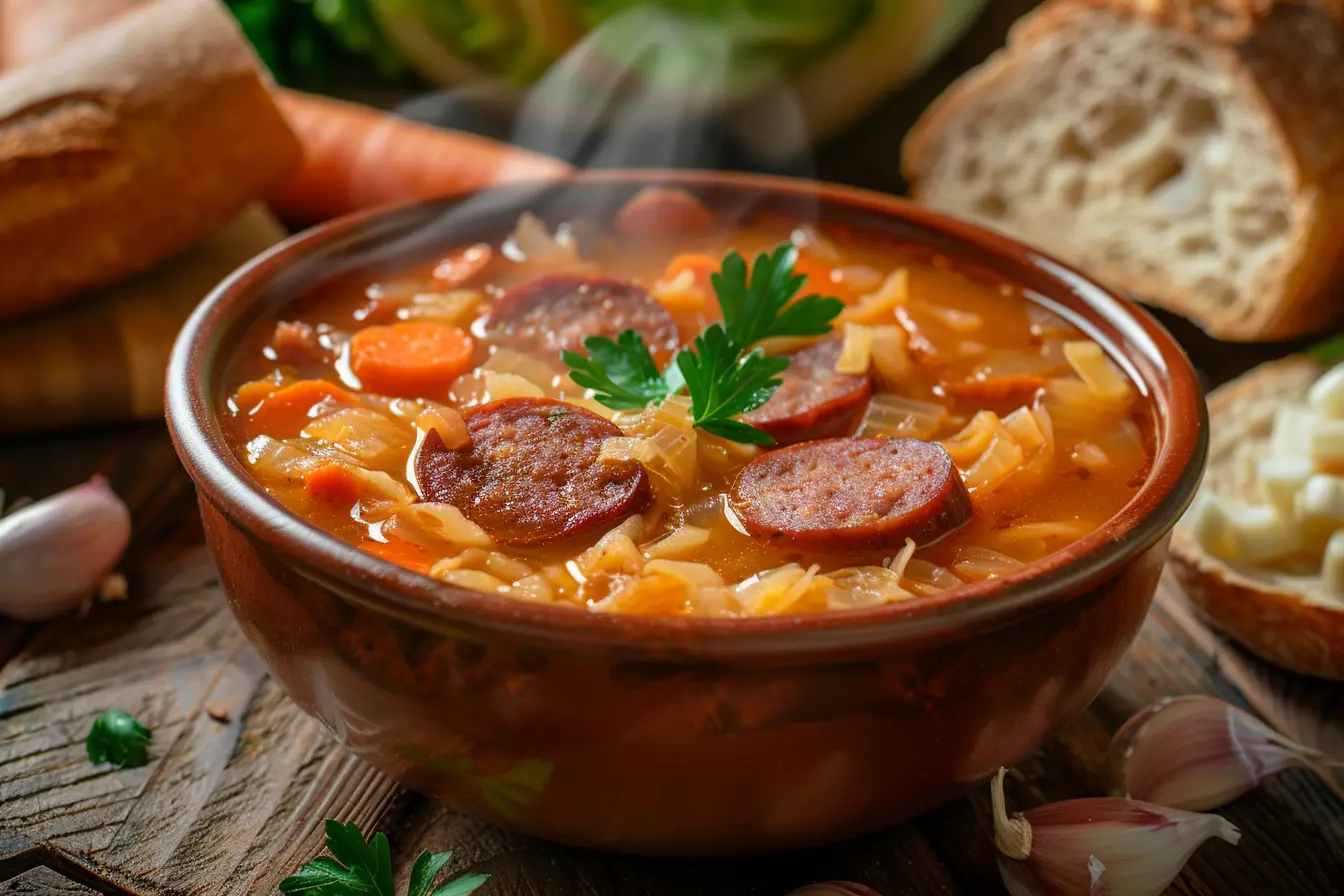 Bowl of cabbage soup with sausage, garnished with herbs and paired with crusty bread.