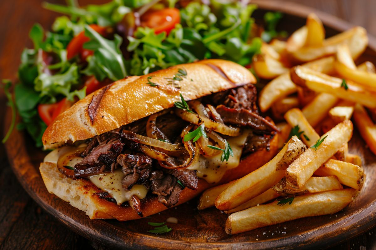 Philly cheese steak stacker with French fries and salad