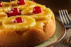 Pineapple upside-down cake made with pineapple juice instead of water, topped with caramelized pineapple rings and cherries.