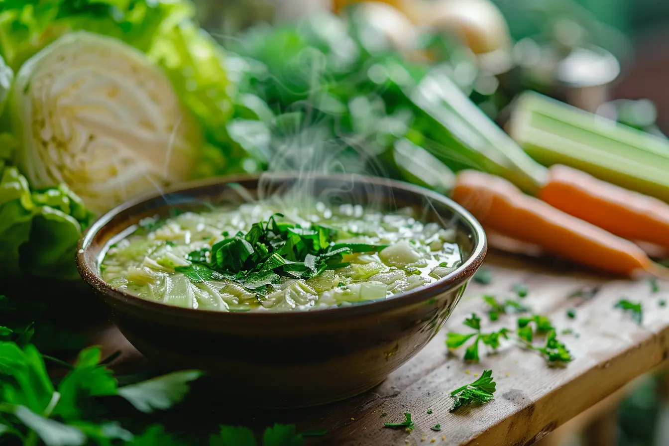 Bowl of cabbage soup with fresh herbs and vegetables.