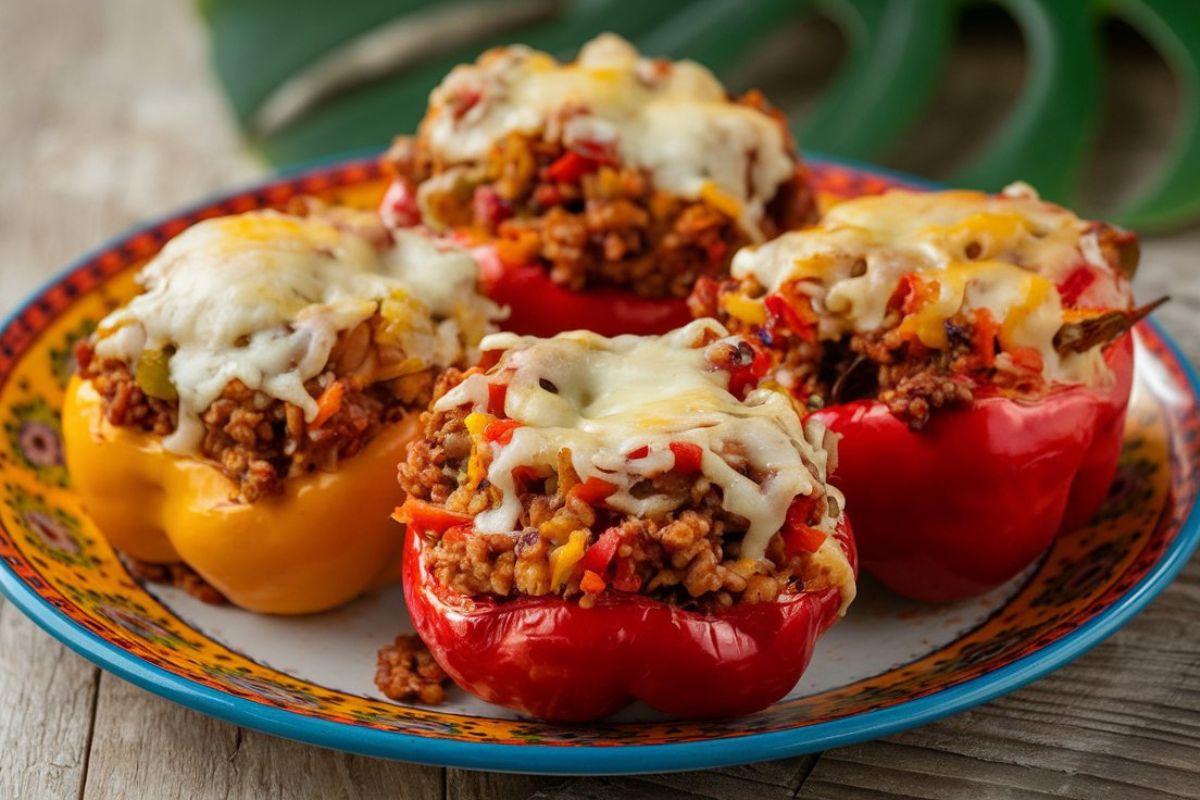 Baked stuffed peppers with rice, meat, and vegetables, topped with melted cheese