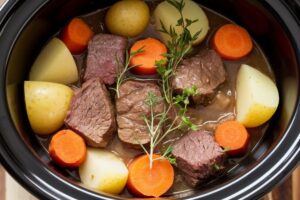 Crockpot with beef stew and vegetables slow cooking