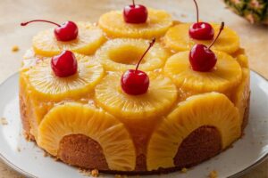 Pineapple upside-down cake made with pineapple juice instead of water, topped with caramelized pineapple rings and cherries.