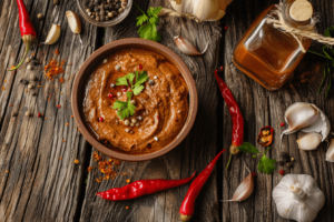 Bowl of creamy chipotle sauce with fresh ingredients on a wooden table.