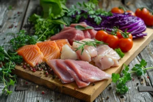 Assorted lean meats like chicken, beef, turkey, and fish with fresh herbs on a cutting board, ideal for the cabbage soup diet.