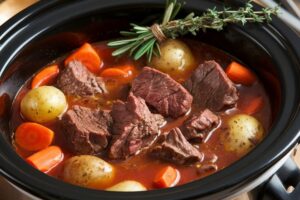 Crockpot with beef stew and vegetables slow cooking