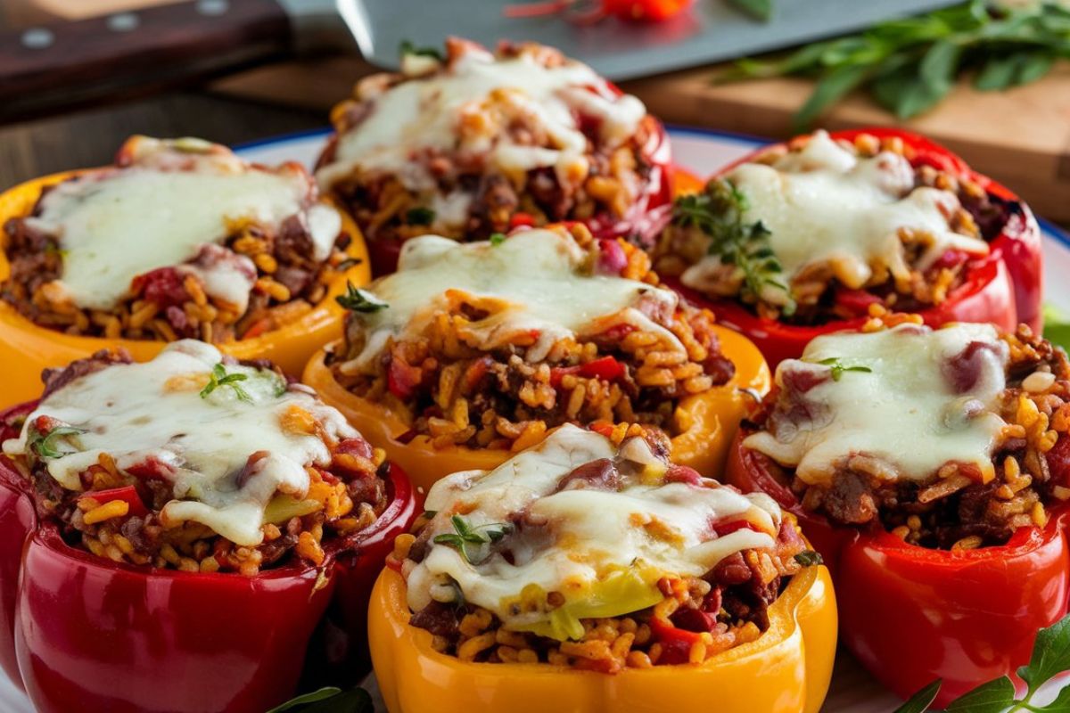 Baked stuffed peppers with rice, meat, and vegetables, topped with melted cheese