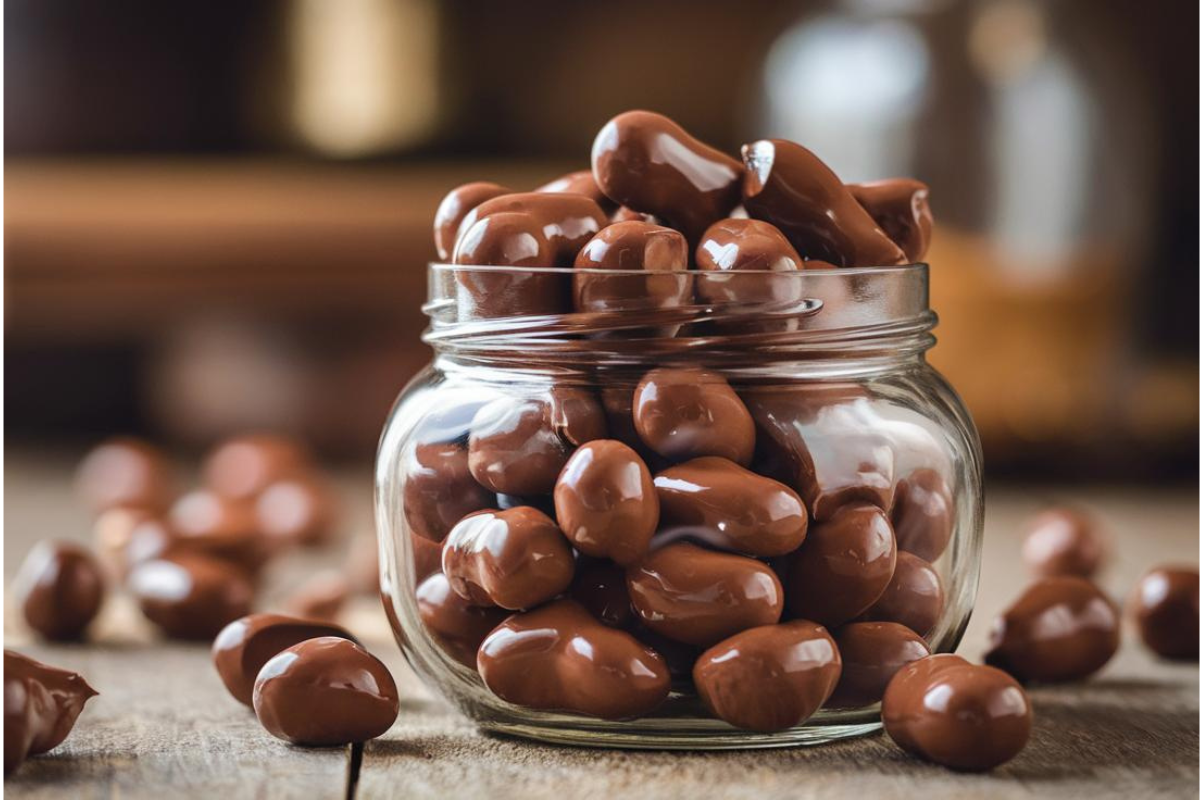 Chocolate-covered peanuts stored in a jar for freshness.