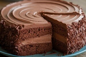 Moist chocolate cake slice with soft, rich texture and smooth frosting.