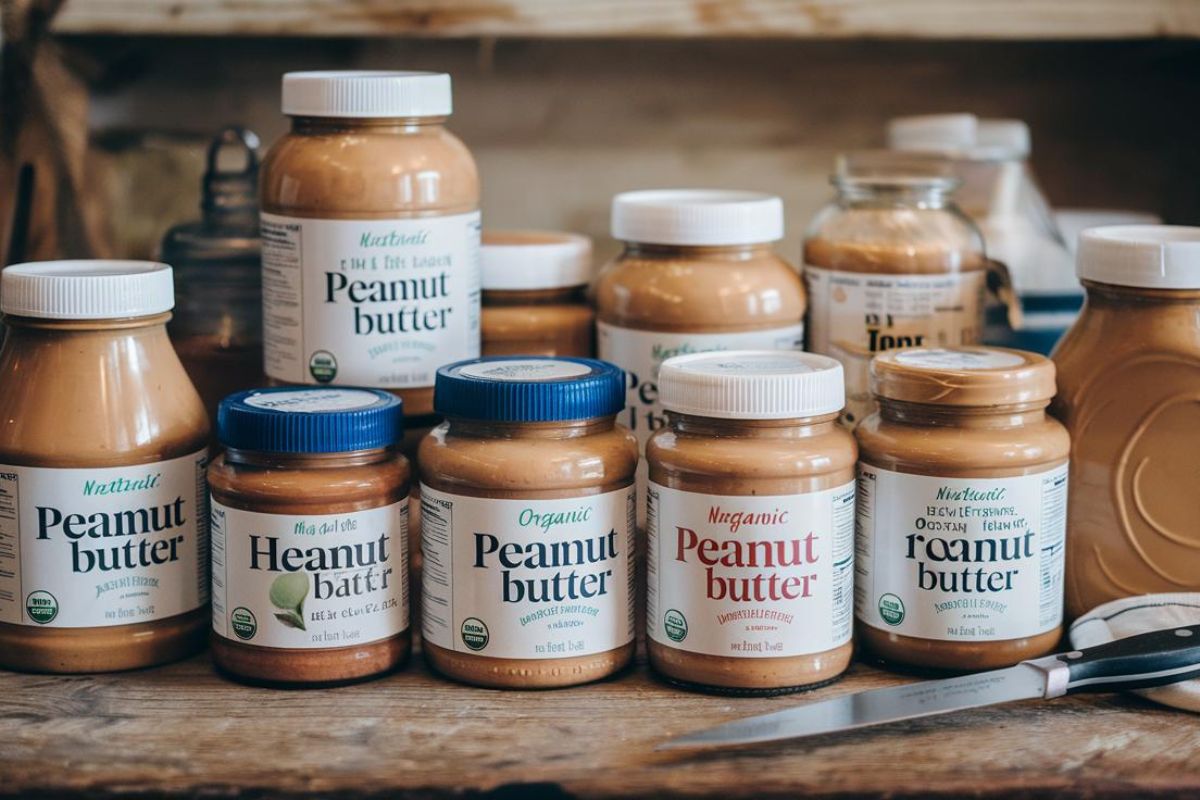 Variety of healthiest peanut butter brands including natural and organic options placed on a kitchen counter.