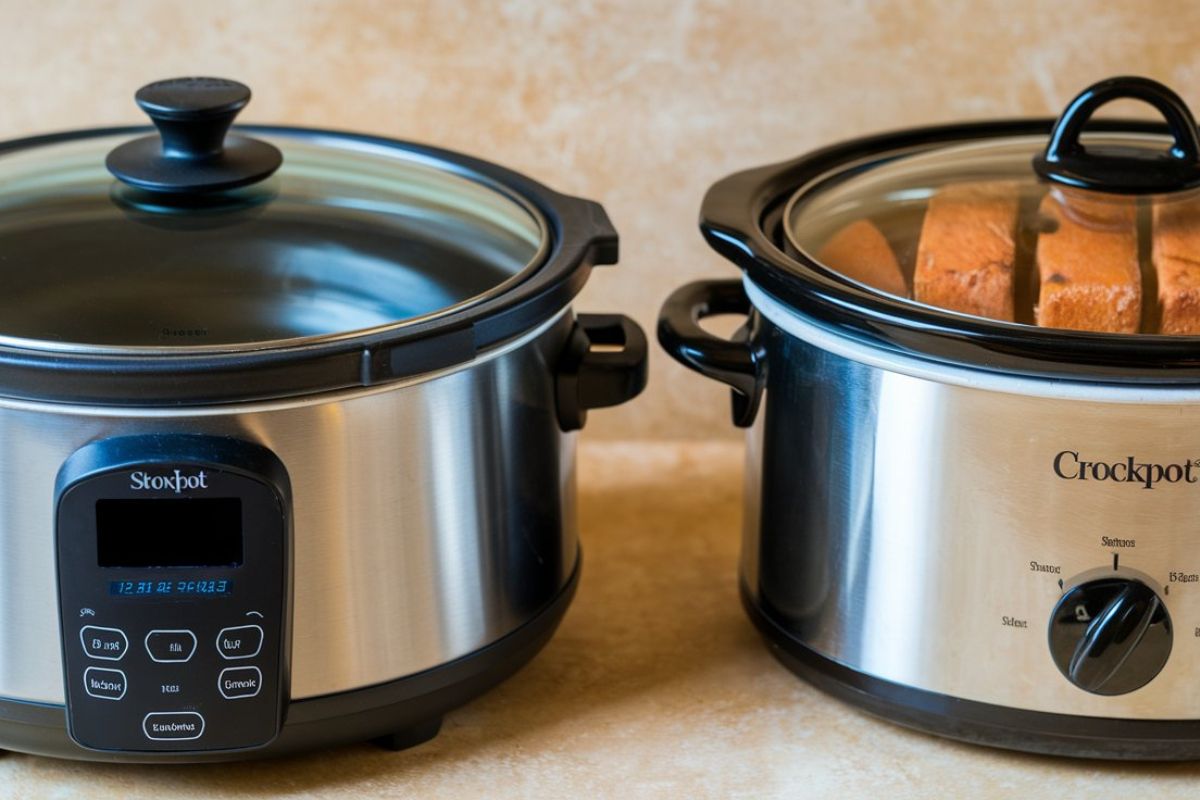 Slow cooker and Crockpot comparison showing the differences in design and heating methods.