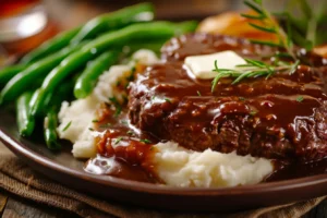 Banquet Salisbury Steak with gravy, mashed potatoes, and green beans on a plate.