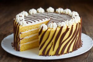 Zebra Cake with white icing and fudge stripes on a yellow cake base filled with creme