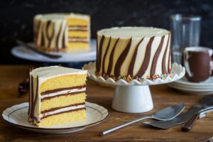 Zebra Cakes by Little Debbie, twin-wrapped cakes with yellow sponge, creme filling, and fudge stripes.