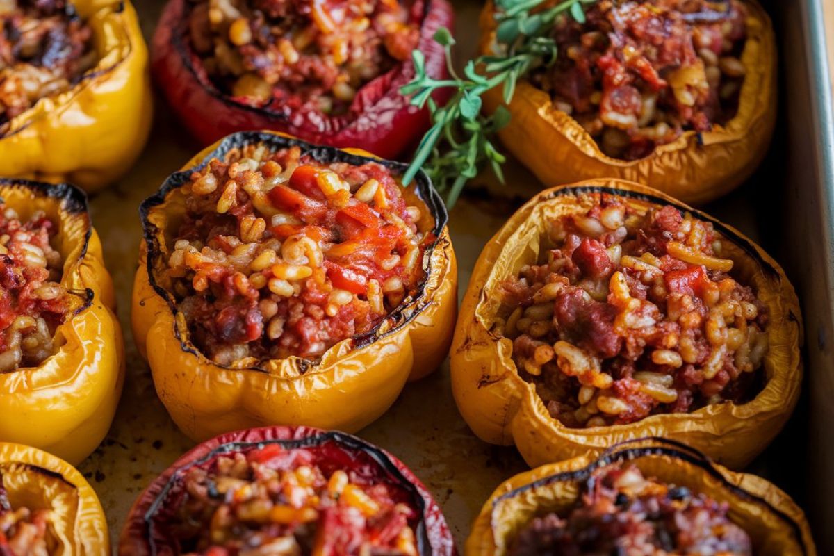 Roasted stuffed bell peppers with rice and meat filling