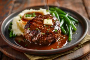 Banquet Salisbury Steak with gravy, mashed potatoes, and green beans on a plate.