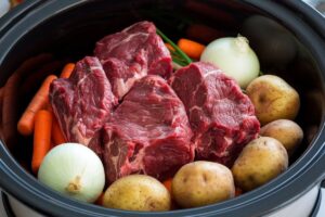 Raw meat in a crockpot with vegetables for slow cooking