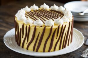 Zebra Cake with white icing and fudge stripes on a yellow cake base filled with creme