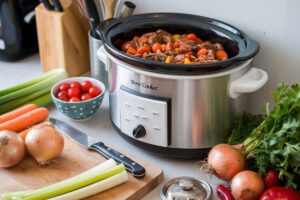 Slow cooker on a kitchen countertop with vegetables, illustrating the pros and cons of using a slow cooker.