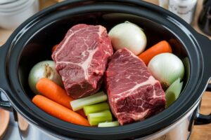 Raw meat in a crockpot with vegetables for slow cooking