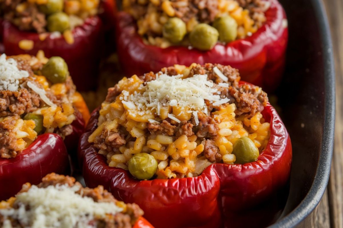 Roasted stuffed bell peppers with rice and meat filling