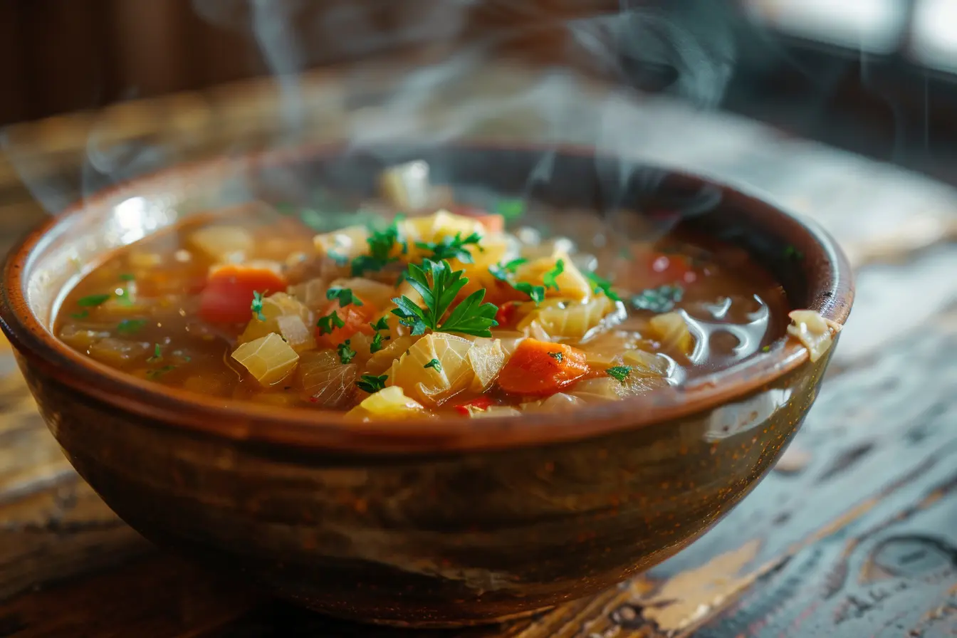 Cabbage soup in a bowl, representing the main dish of the cabbage soup diet for rapid weight loss.