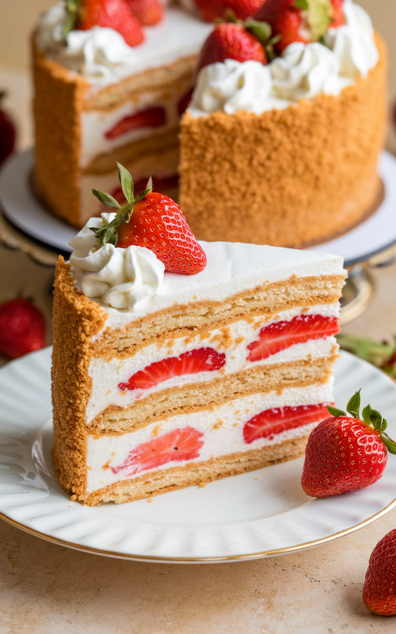 A slice of Tres Leches cake with strawberry filling topped with fresh strawberries.