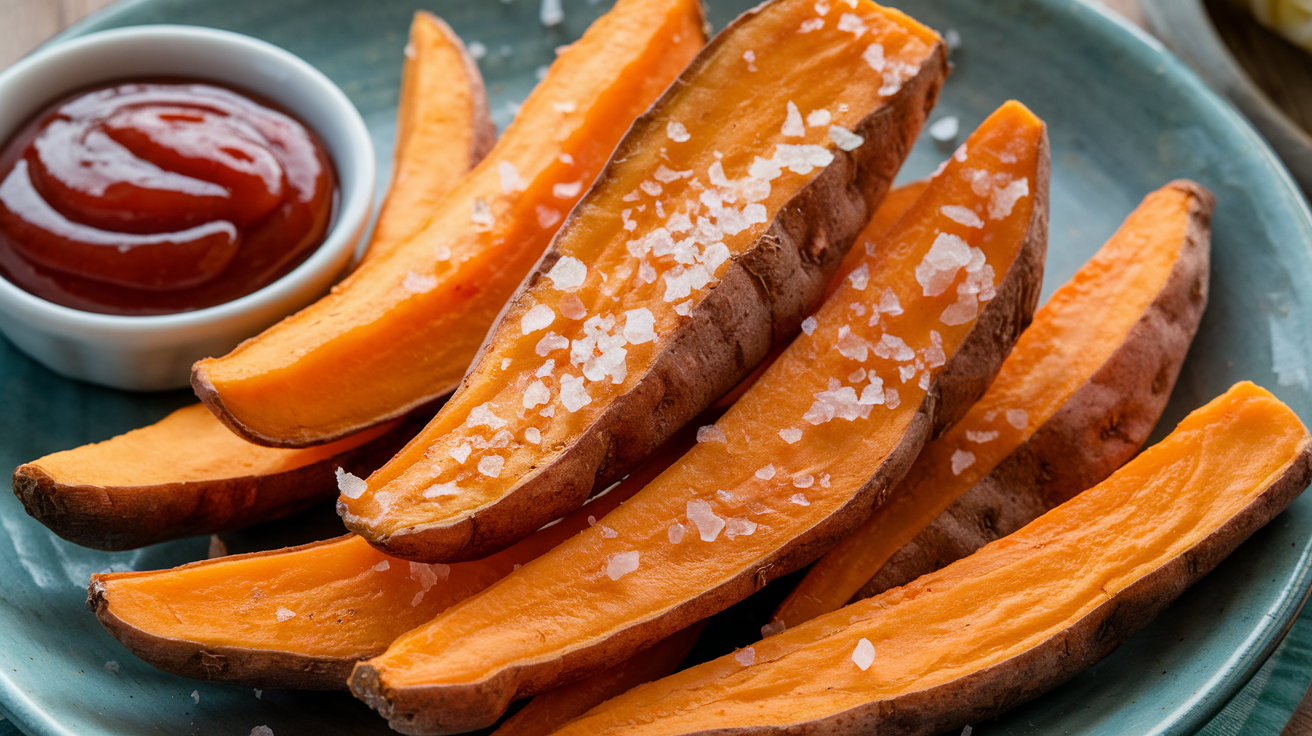 Crispy air fryer sweet potato wedges served with dipping sauce