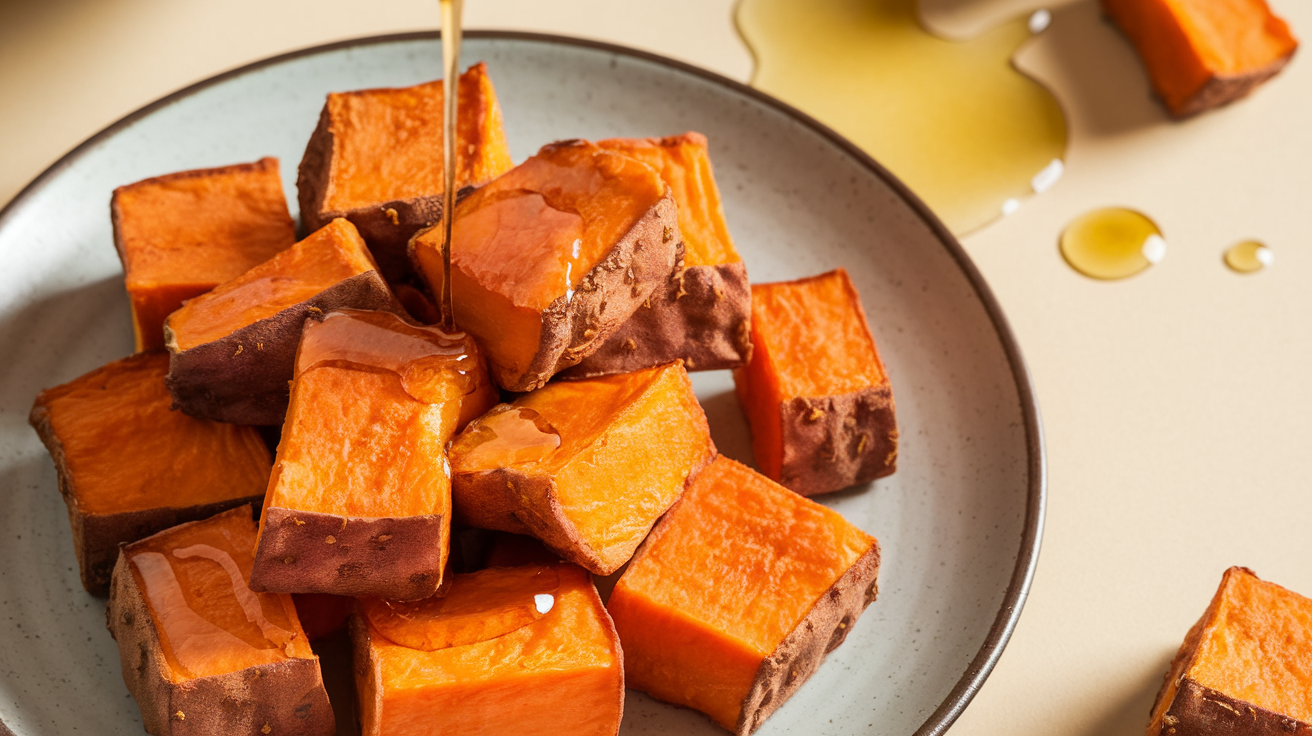 Crispy air fryer sweet potato cubes served in a bowl.