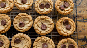 A batch of freshly baked peanut butter chocolate chip cookies with golden brown edges and melted chocolate chips, arranged on a cooling rack.