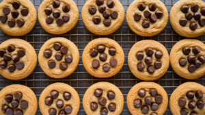 A batch of freshly baked peanut butter chocolate chip cookies with golden brown edges and melted chocolate chips, arranged on a cooling rack.