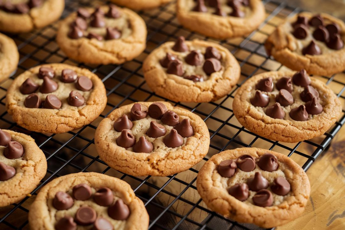 A batch of freshly baked peanut butter chocolate chip cookies with golden brown edges and melted chocolate chips, arranged on a cooling rack.