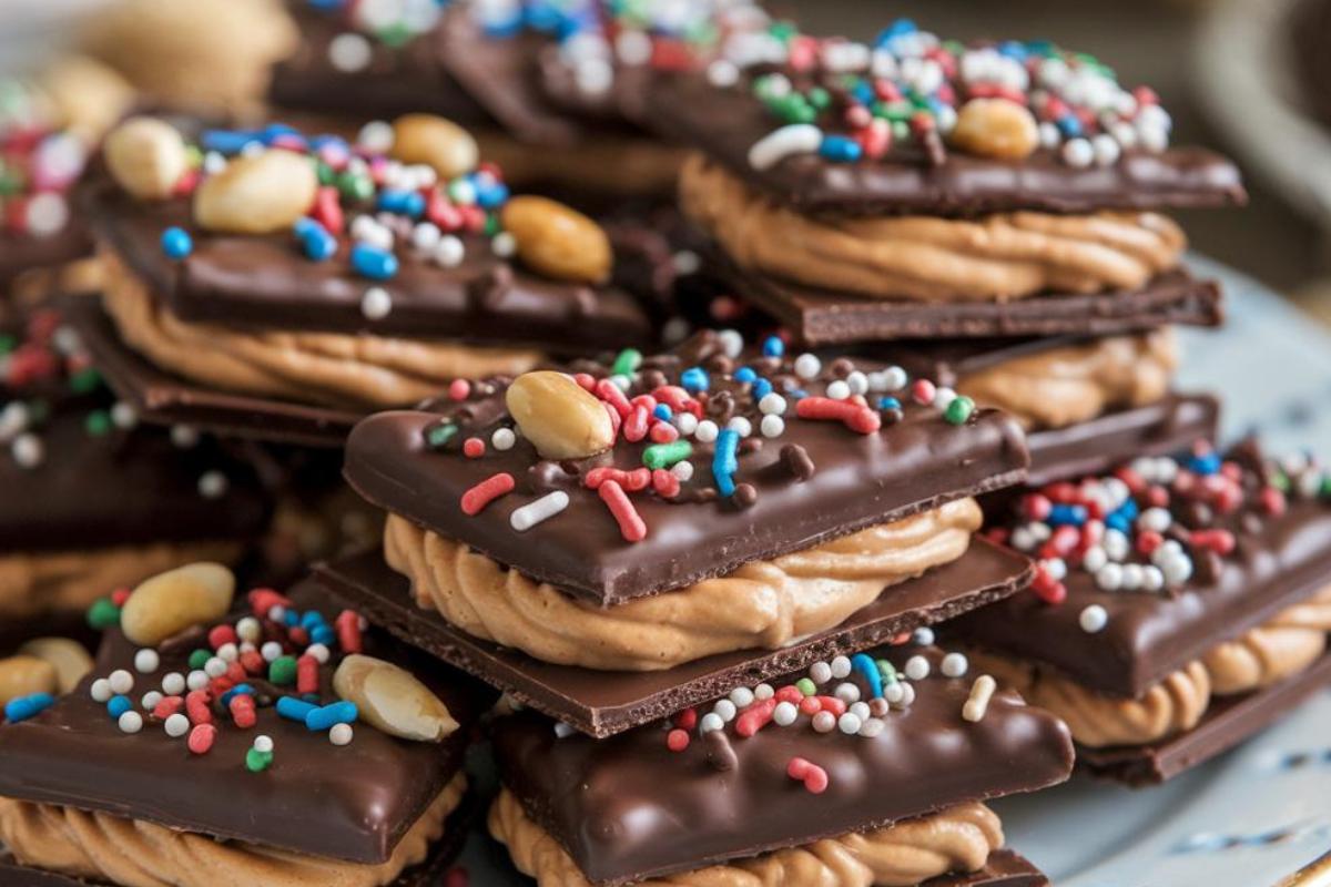 A plate of chocolate-covered Ritz crackers filled with creamy peanut butter, garnished with sprinkles and nuts for a festive and delicious treat.