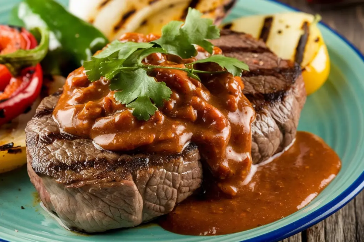 Grilled Chipotle steak served with cilantro-lime rice and salsa