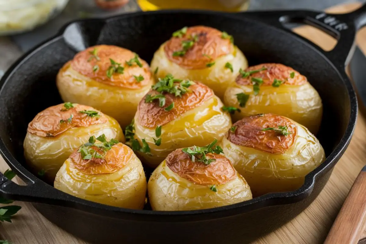 Perfectly roasted golden potatoes on a baking sheet