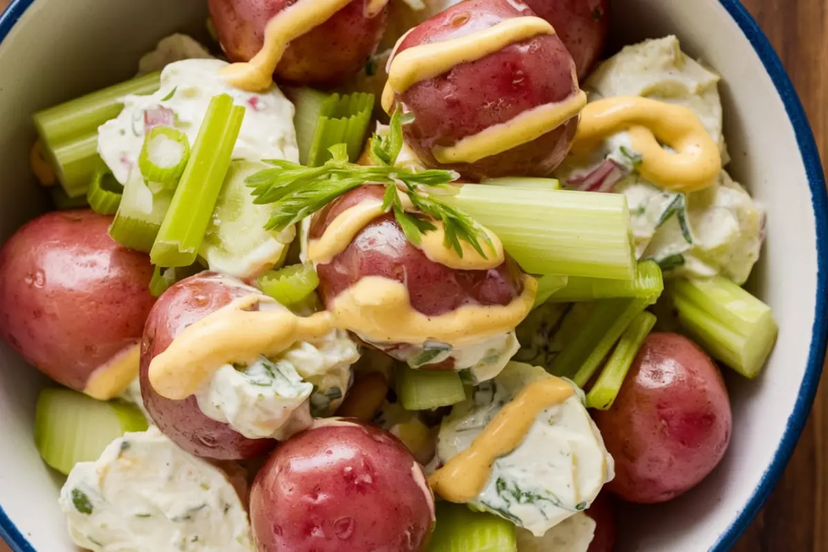 Bowl of creamy potato salad without eggs, garnished with fresh dill.